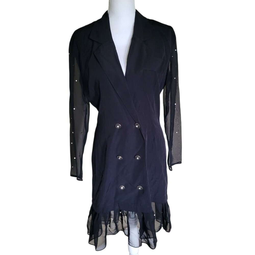 Vintage 90s Rampage Double Breasted ‎ Dress Size 7 Ruffled Sheer Sleeves Pearls